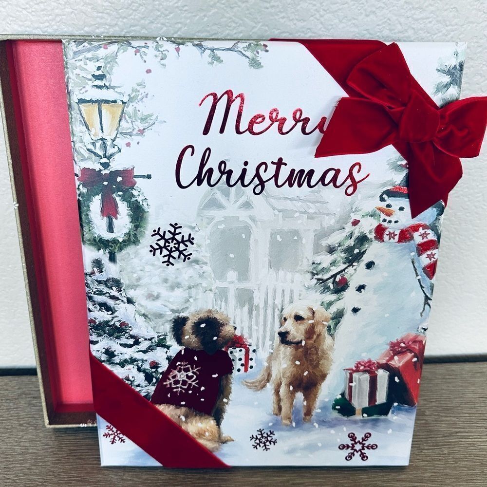 Christmas Puppy Dog Snowman Holiday Scene Gift Storage Lidded Box